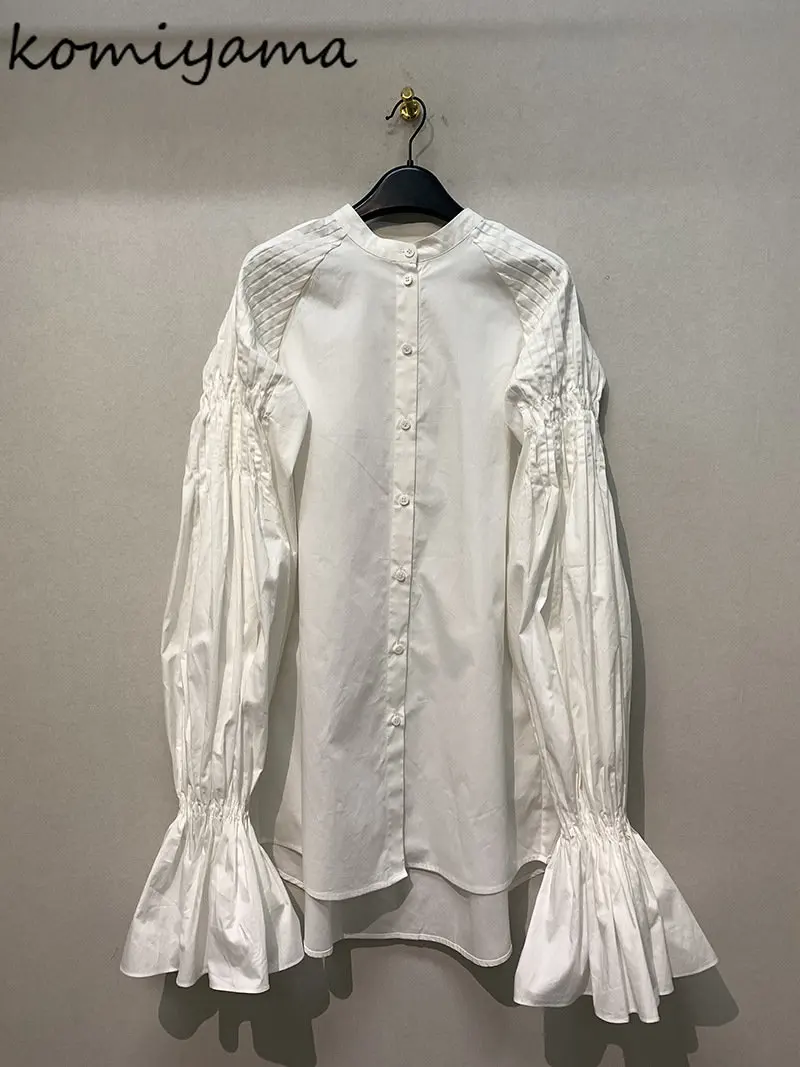 

Spring Chic Pleated Design Shirts Tops Round Neck Latern Long Sleeve Blouses Women Japan Style Simple White Blusas Mujer