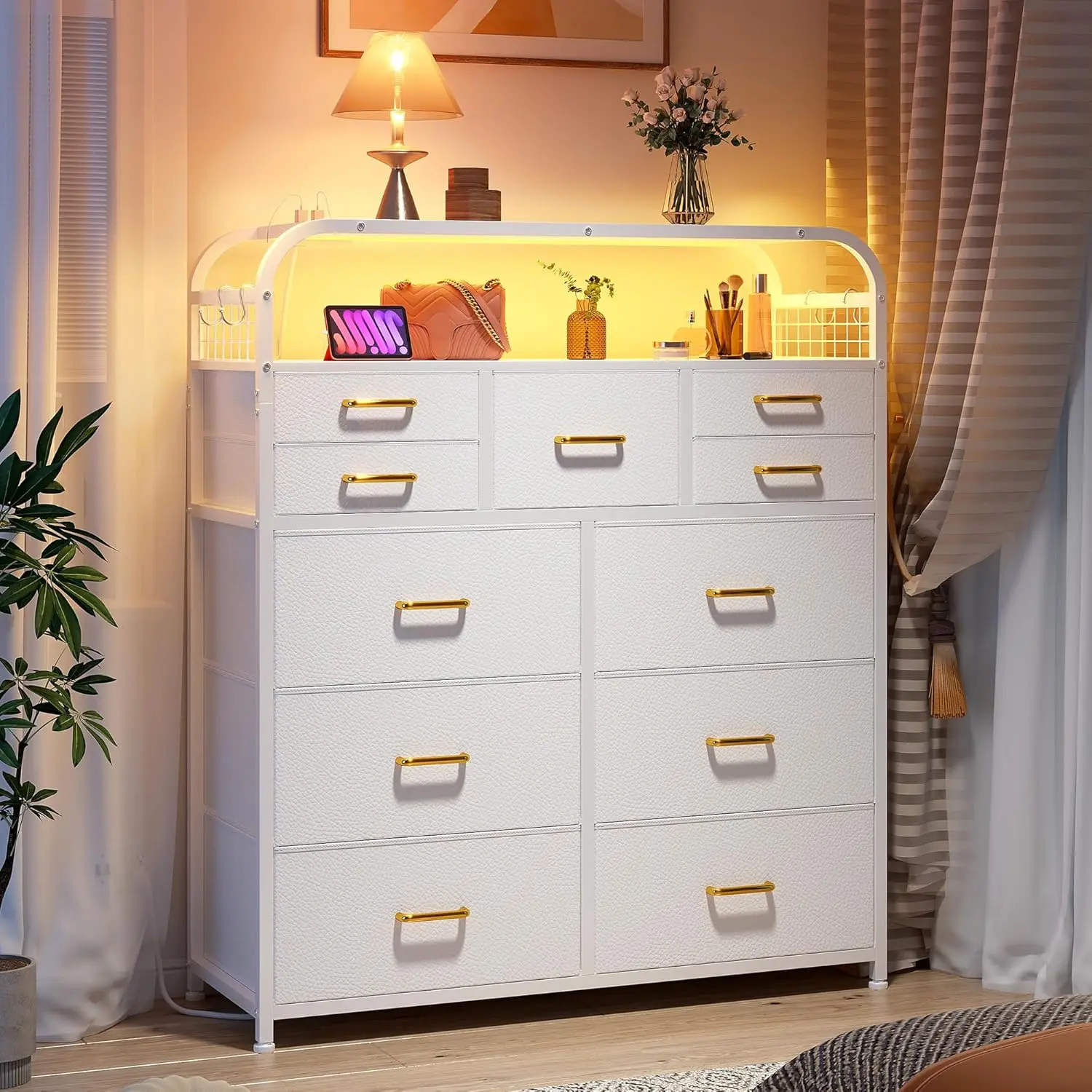 

White Dresser with LED Lights & Charging Station, Dresser for Bedroom with 2 Tier Shelves & 4 Hooks, 11 Drawers,Wooden Top