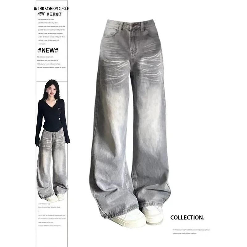 

YIBASHU Women's Grey Vintage Jeans High Street Denim Trouser Casual Goth Pants High Waist Straight Streetwear Baggy Hosen Y2K