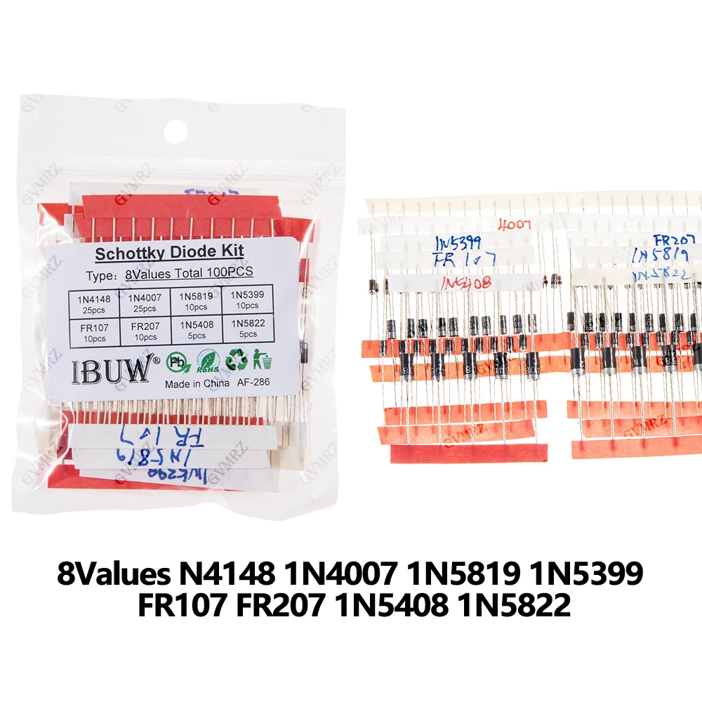100PCS 8Values Schottky Diode Kit 1N4148 1N4007 1N5819 1N5399 FR107 FR207 1N5408 1N5822 for Electronic Projects Rectification