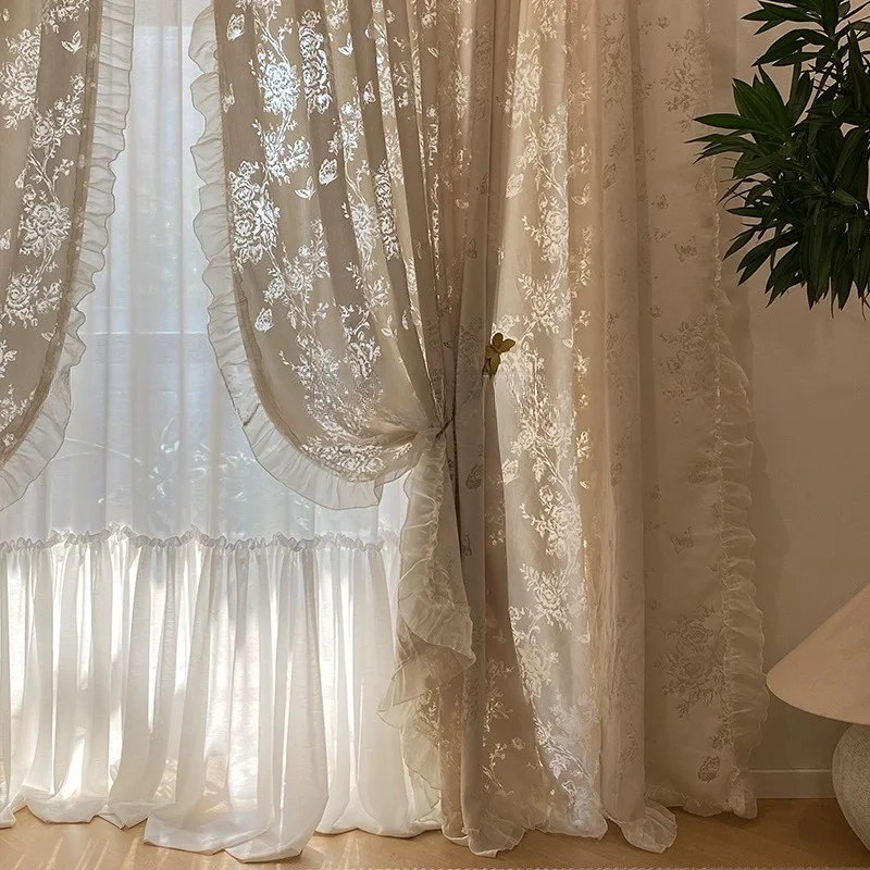 French Butterfly Gauze Off-white Light and Shadow Tulle Living Room Bedroom Bay Window Balcony Lace Retro Hollow Curtains Custom