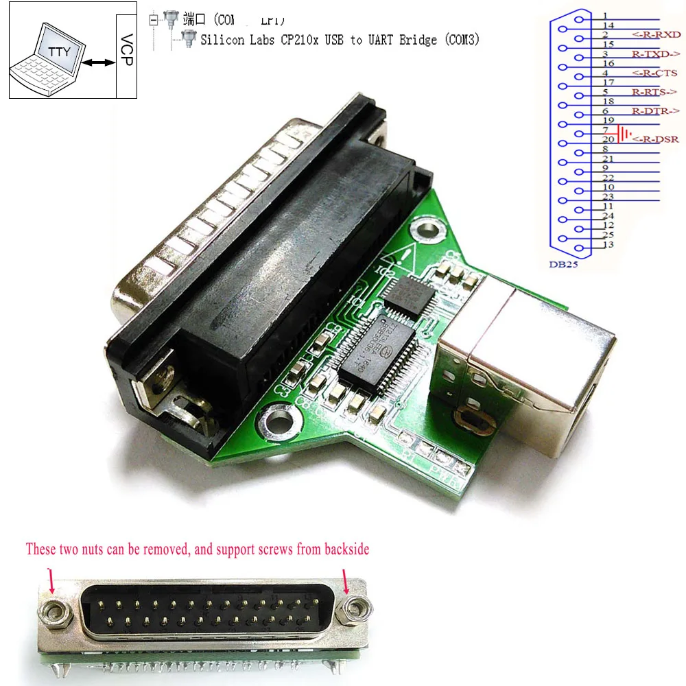 Silicon Labs CP2102 USB B RS232 DB25 Adapter Converter for Serial Bar Code Scanner Printer