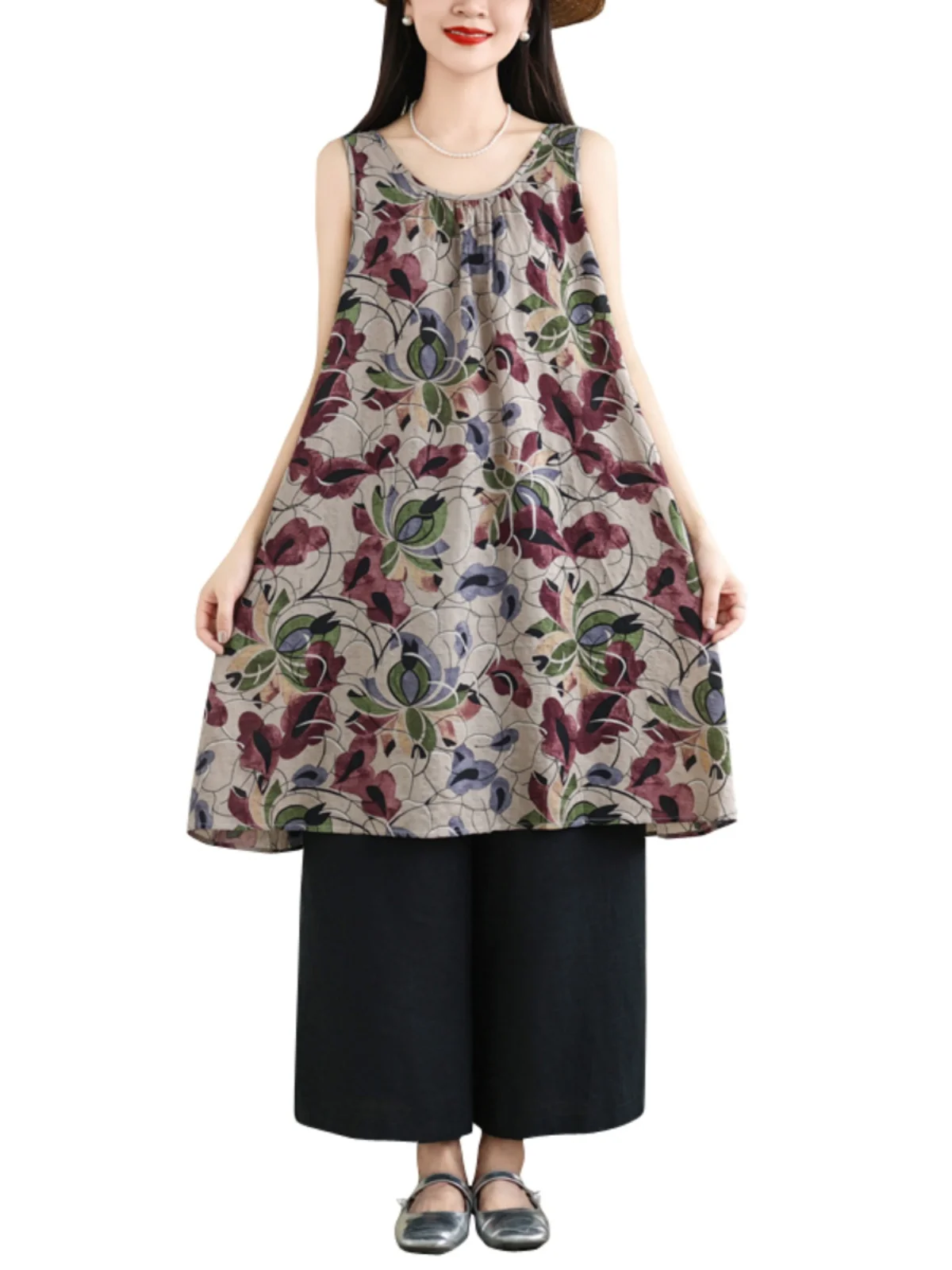 ชุดเดรสผ้าลินินผสมคอตตอนพิมพ์ลายทรงเอ แขนกุด ไซส์ใหญ่สำหรับฤดูร้อน กระโปรงทรงเอ ความยาวปานกลาง