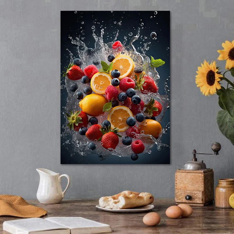 1pc frameless Canvas Painting Fresh Fruits Water Splash Posters and Prints Canvas Painting Wall Art Picture for Restaurant Kitch