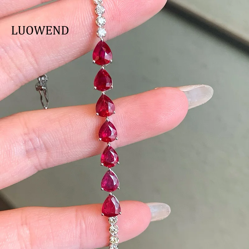 

LUOWEND 100% 18K White Gold Bracelet Luxury Diamond Jewelry Shiny Natural Ruby Gemstone Bracelet for Women High Party Jewelry