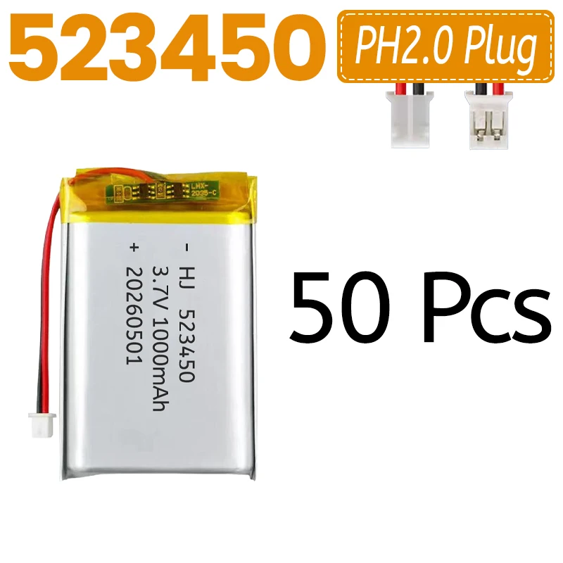 523450 1000mAh Lithium Rechargeable Battery 3.7V Li-ion Polymer Battery for Bluetooth Headset Speaker Monitor Self-Timer PH2.0