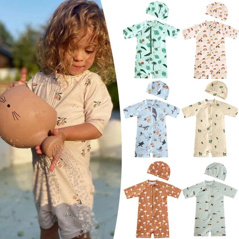 Toddler Girls Rash Guard Swimsuit Rompers Zipper Short Sleeve Floral Print Kids Bathing Suit Baby Boy Swimwear 1 2 3 4 5 6 Years