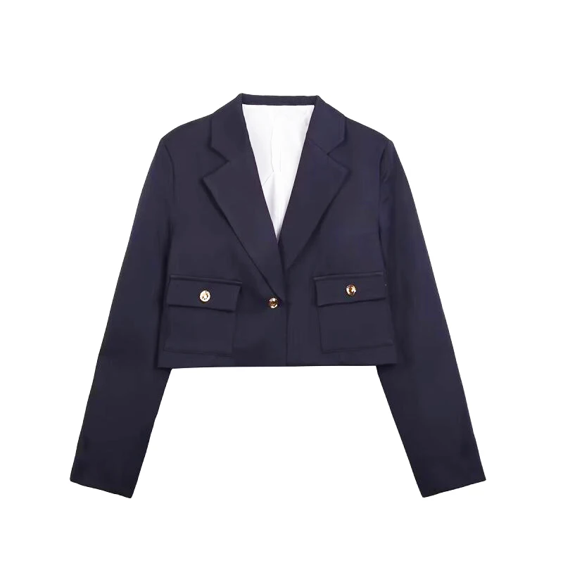 Giacca da abito blu navy Cappotto corto da donna alla moda con scollo a V Abito da donna da ufficio a maniche lunghe allentato casual