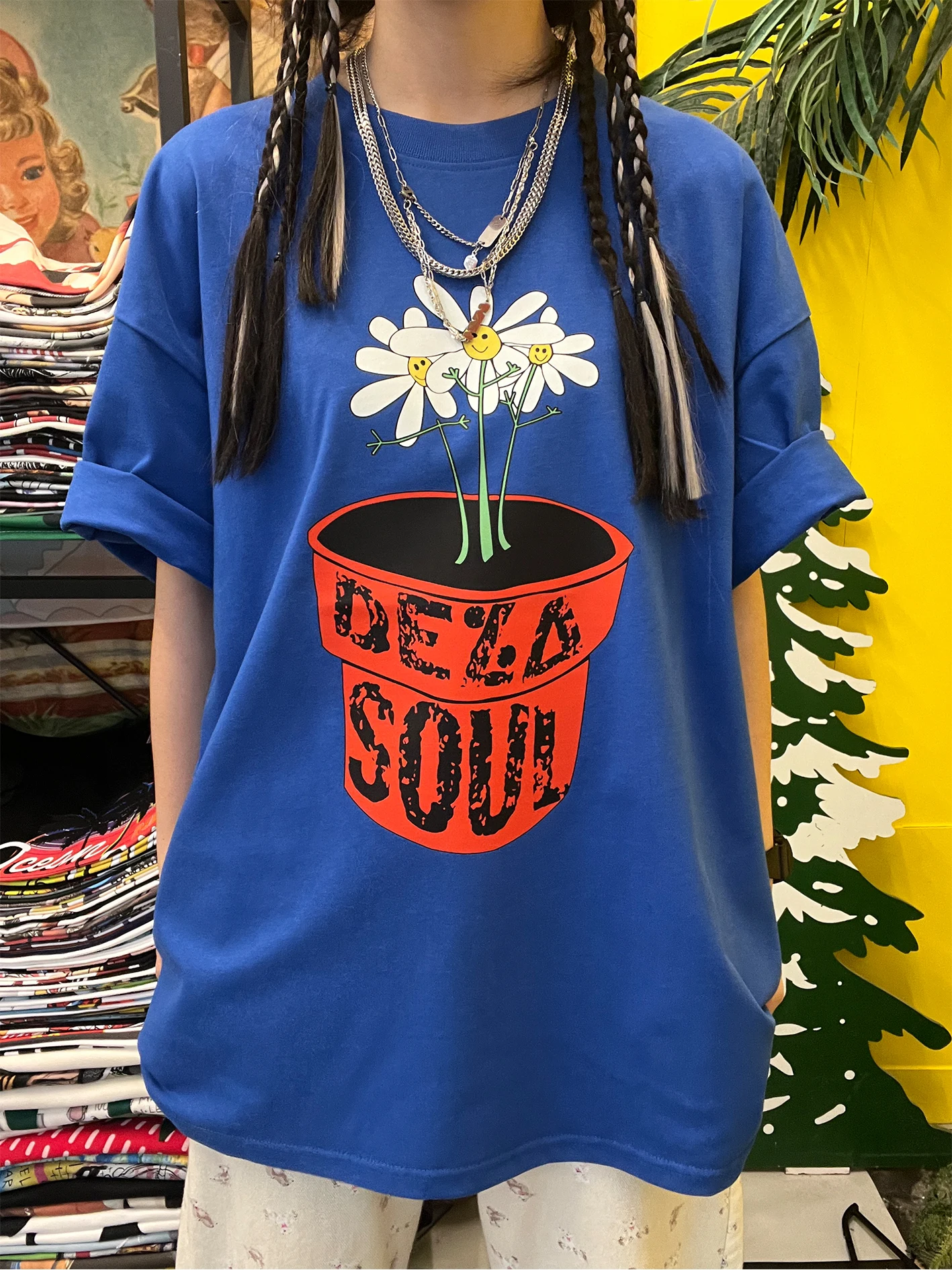 Heavyweight 260G Cartoon Graffiti Short Sleeve T-Shirt Loose Fit Royal Blue Student Casual Cotton Polyester round Neck Top