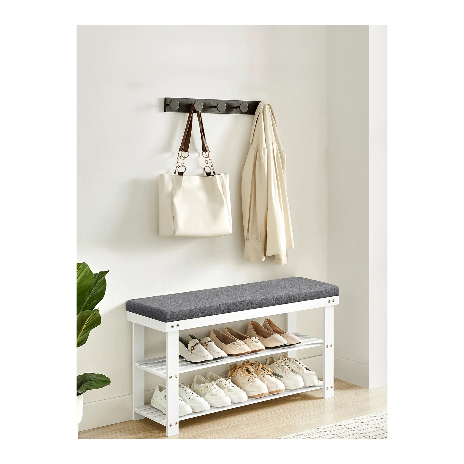 SONGMICS banco de zapatos de bambú, estante de 2 niveles, organizador estable para entrada/sala de estar Soporta hasta 136 kg, 29x90x49 cm.