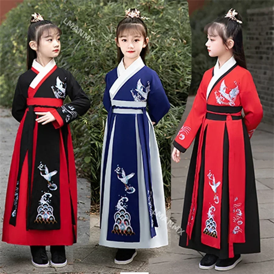 Hanfu Dress Kids Traditional Chinese Costume Folk Ancient Crane Baby Girl Boy Tang Suit Dance Costume Party New Year Clothes