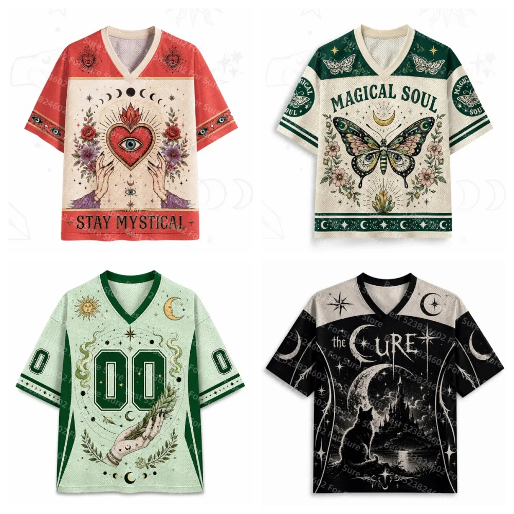 T-shirt unisexe décontracté à manches courtes et col en V, imprimé occulte, sorcèrier, mystique, esthétique streetwear, pour femme, style Y2K