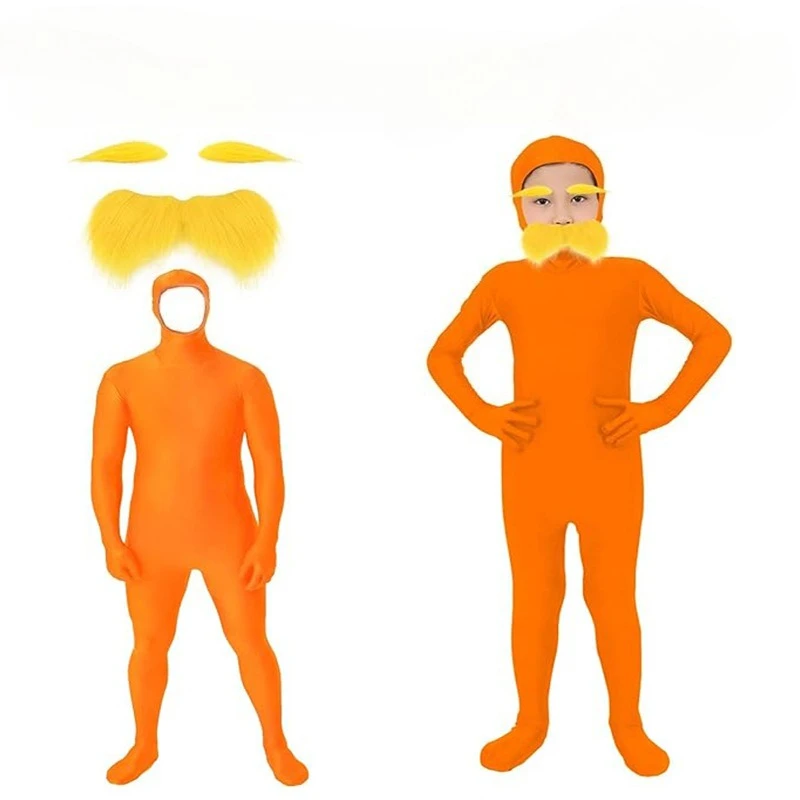2025new Halloween Party Cosplay Jumpsuit Orange Costume Yellow Moustache and Eyebrow Baring Orange Bodysuit Masquerade Kid Adult