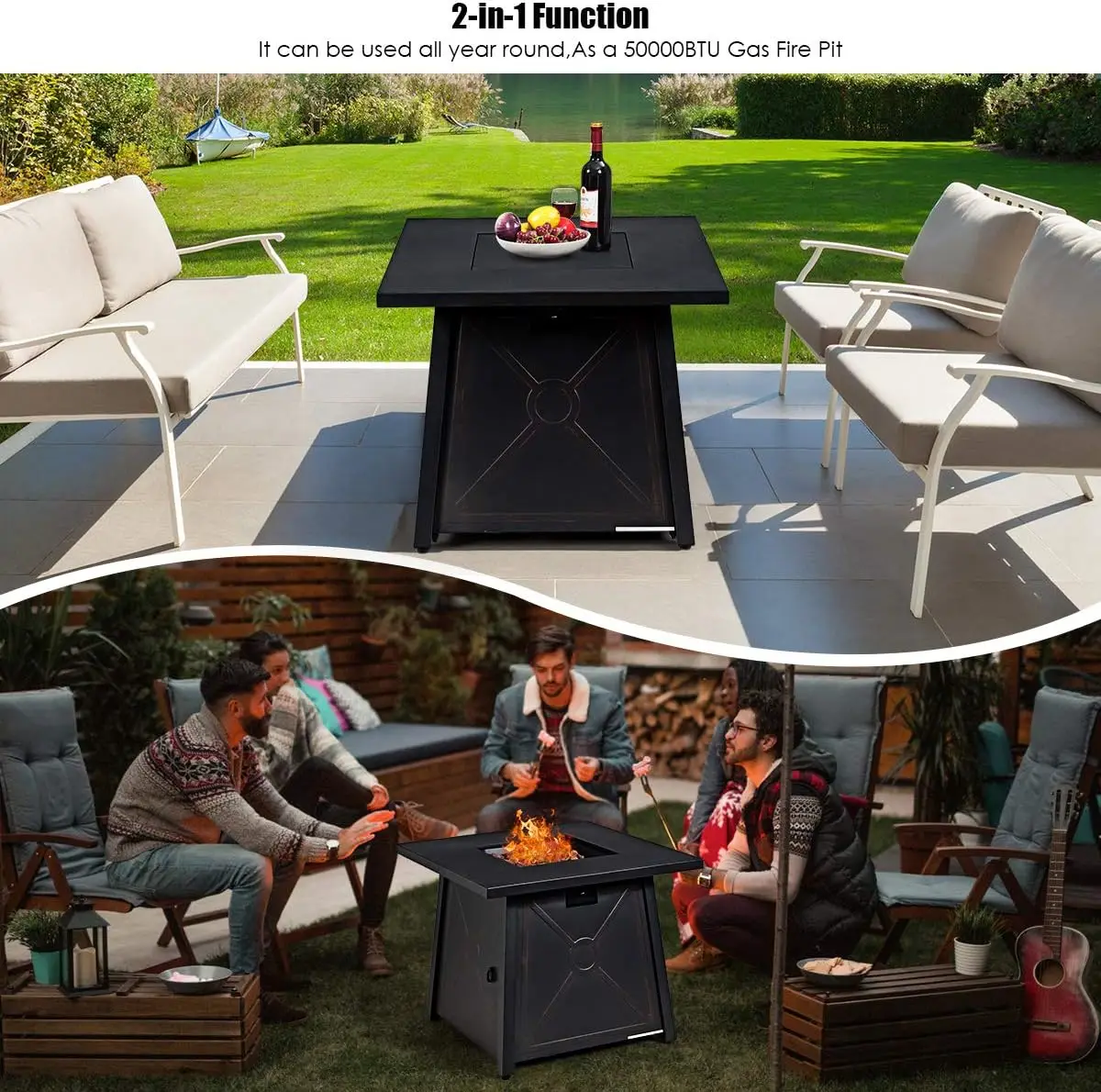 Gas Fire Table, 30 Inch Square Firepit Table 50,000BTU Fire Pits Tables w/Waterproof Cover, ETL and CSA Certification Patio Auto