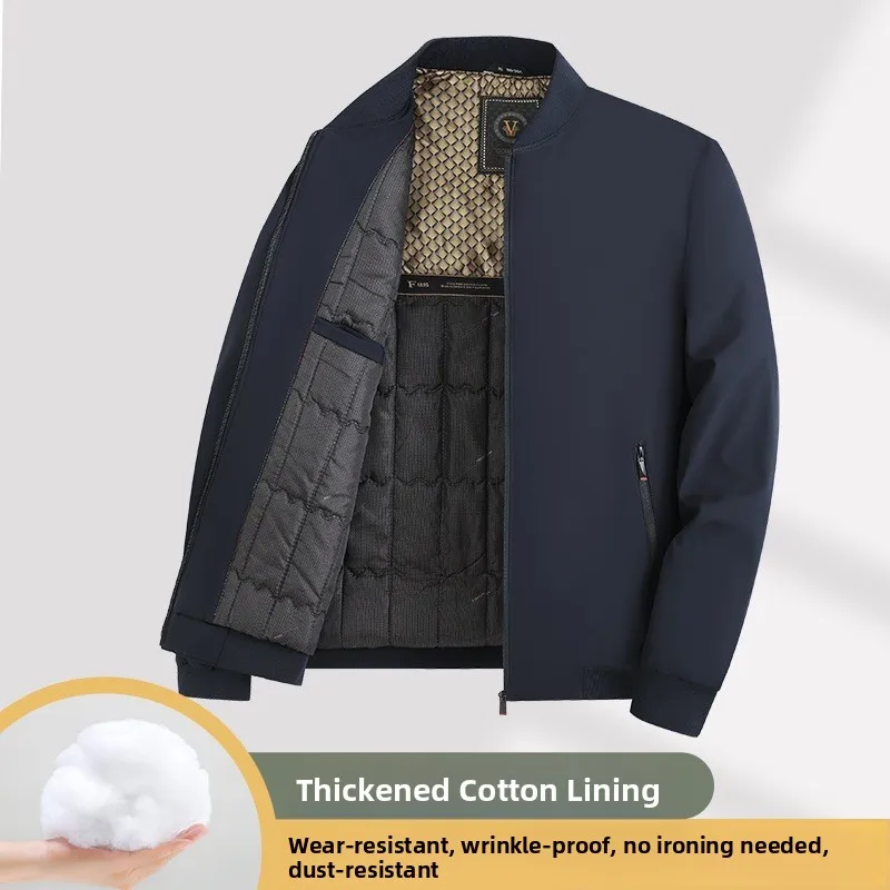 

Warm Casual Cotton Jacket for Middle-Aged Men Thickened Fill Winter Outerwear Standard Fit Zipper Closure Solid Color