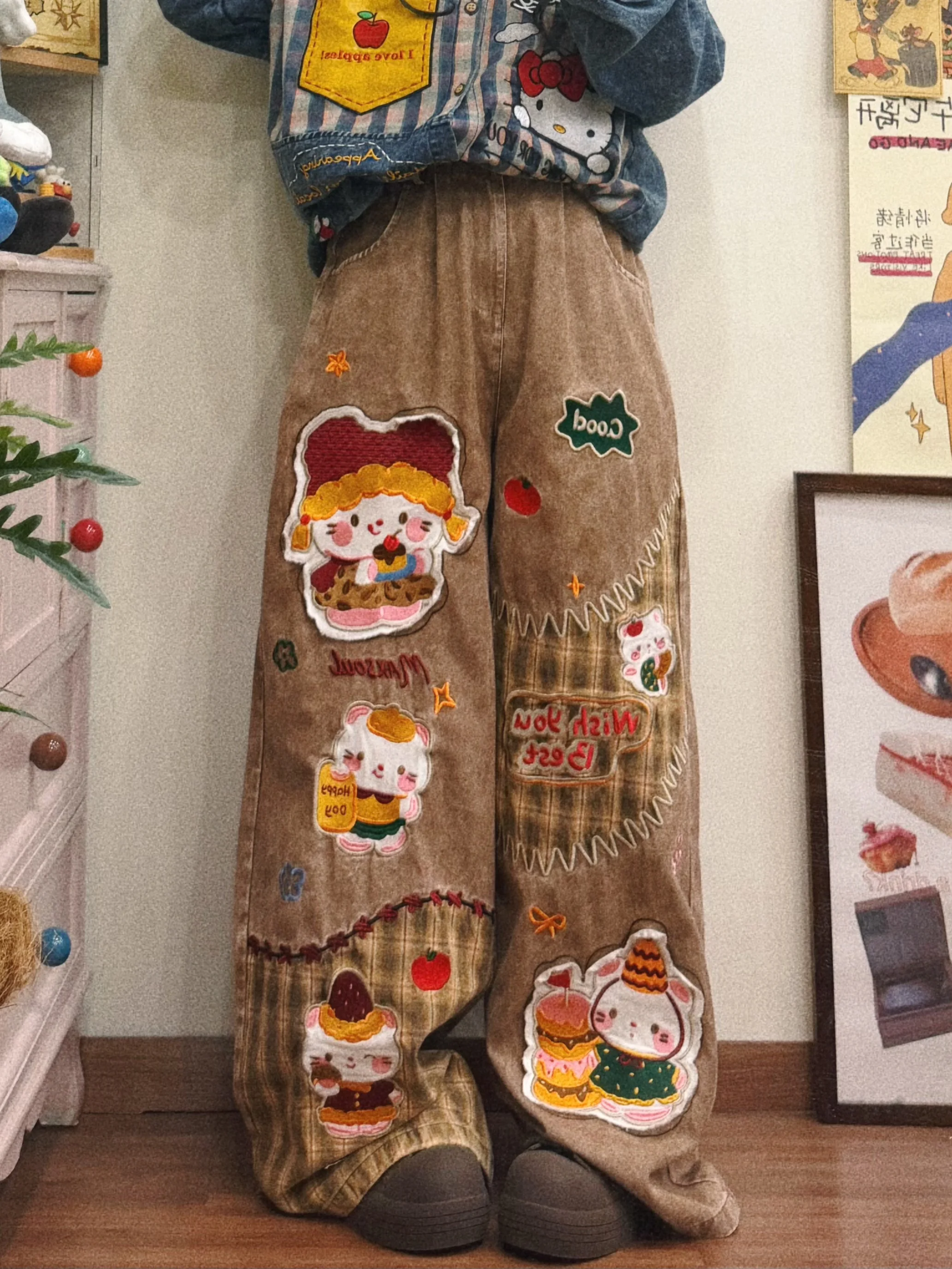 

Женские брюки BIBULU в стиле ретро с мультяшной вышивкой, свободные, прямые, широкие, длинные, удобные, повседневные, из хлопка