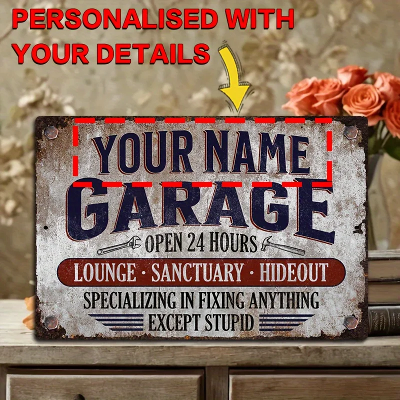 Custom Name Garage Metal Sign,12×8 Inch Vintage Distressed Plaque with Pre‑Drilled Holes,Wall Decor for Workshop Man Cave