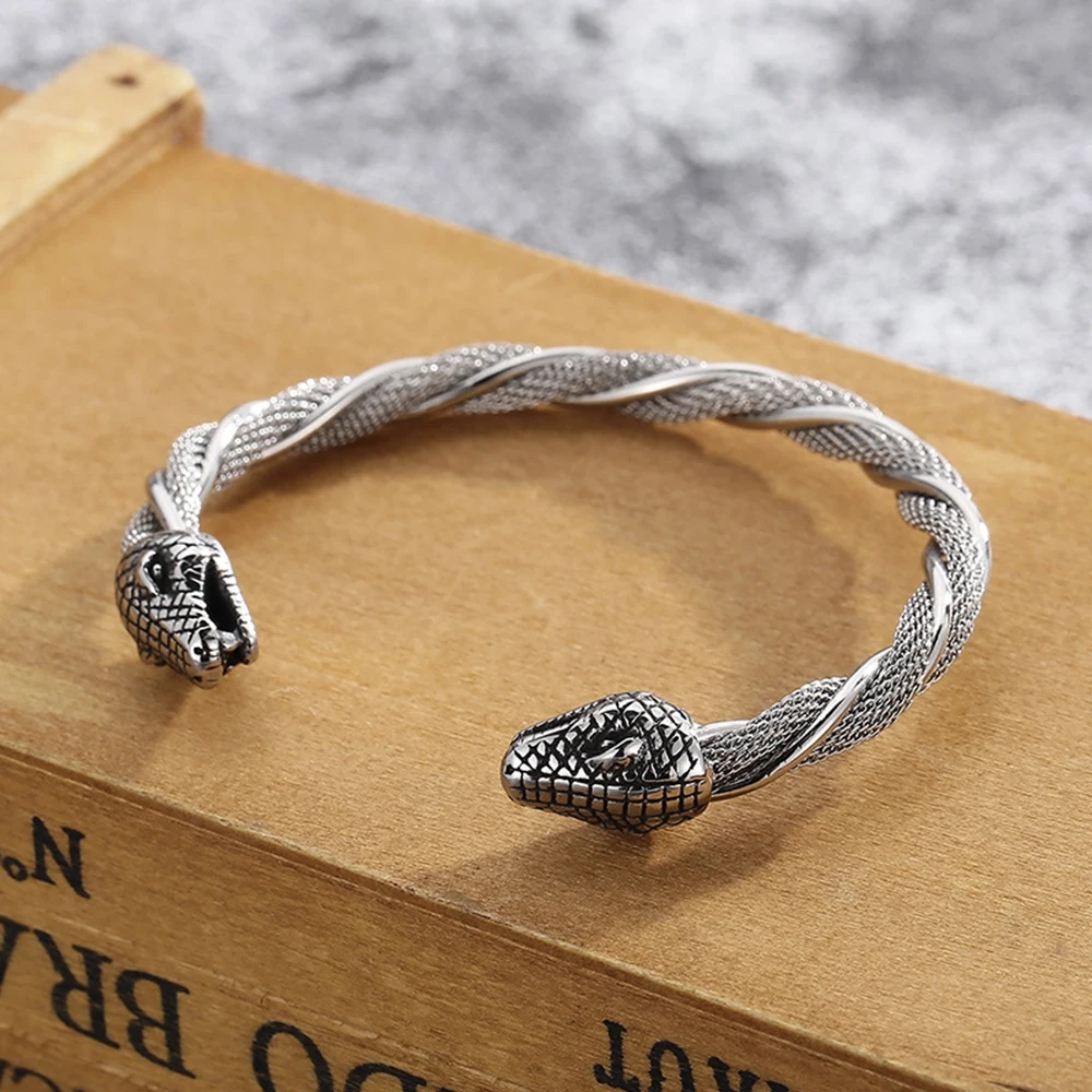 

Fashion Stainless Steel Twist Design Viking Wolf Head Bracelet Opening Adjustable Men's Snake Bracelet Glamour Jewelry Accessori