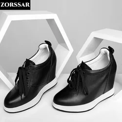 Genuine Leather Hidden Wedge Sneakers Casual Vulcanized Shoes Woman High Heel Platform Sneaker Lace Up White Sneakers Women 2024