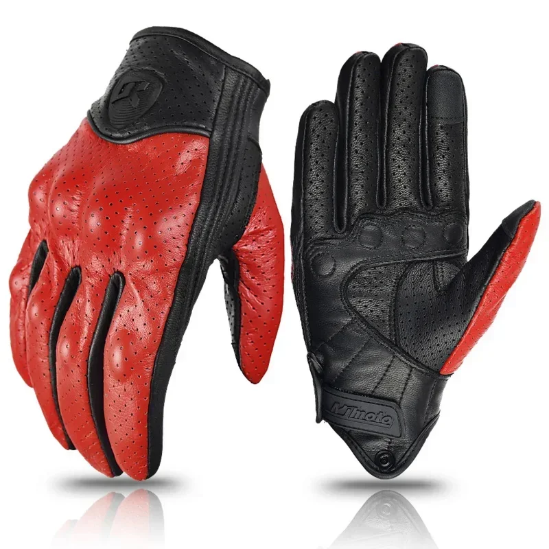 

Summer Breathable Perforation Motorcycle Gloves Retro Leather Full Finger Touchscreen With Built-in EVA Shell Protector Gloves