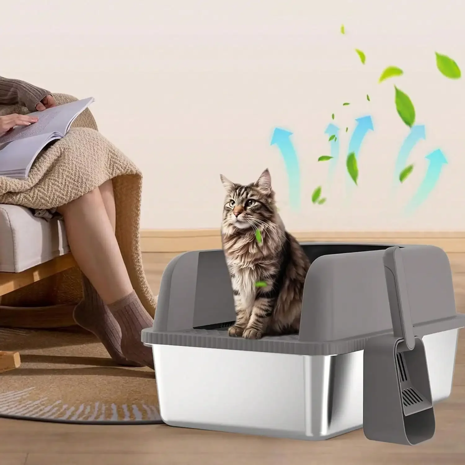 Stainless Steel Litter Box, Metal Cat Litter Box With Scoop, Large Stainless Steel Cat Litter Box High Sides , Easy Cleaning