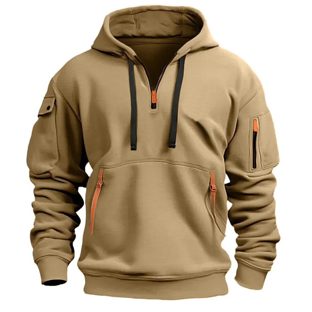 Autumn Men Half Zip Hoodie Multi Zipper Pocket Long Sleeve Pullover Drawstring Hooded Sweatshirt Outdoor Casual Loose Street .