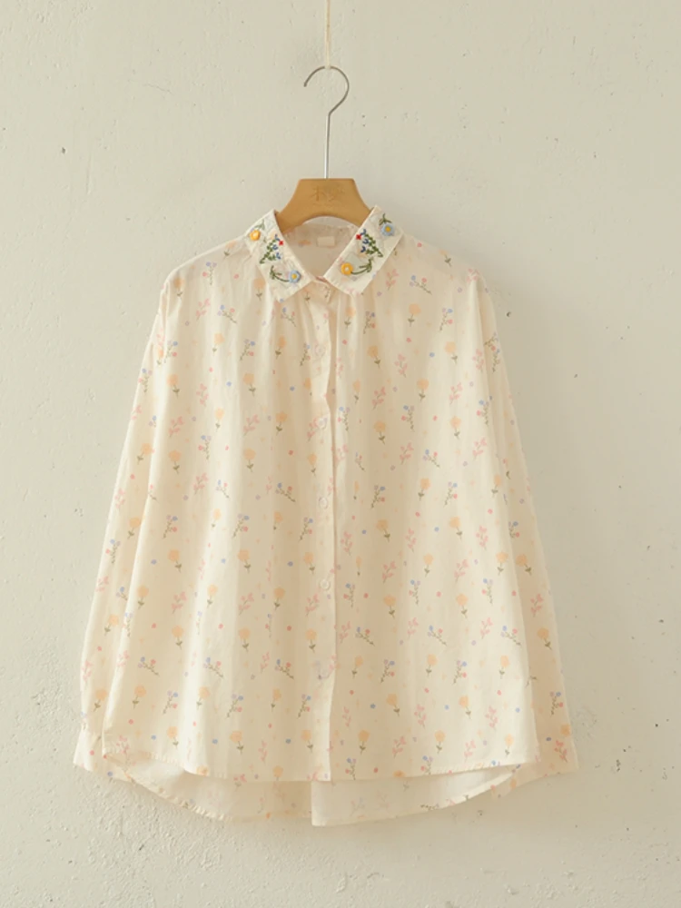 Spring Mori Girl Flower Embroidery Turndown Collar Cotton Print Long Sleeve Shirt 2024