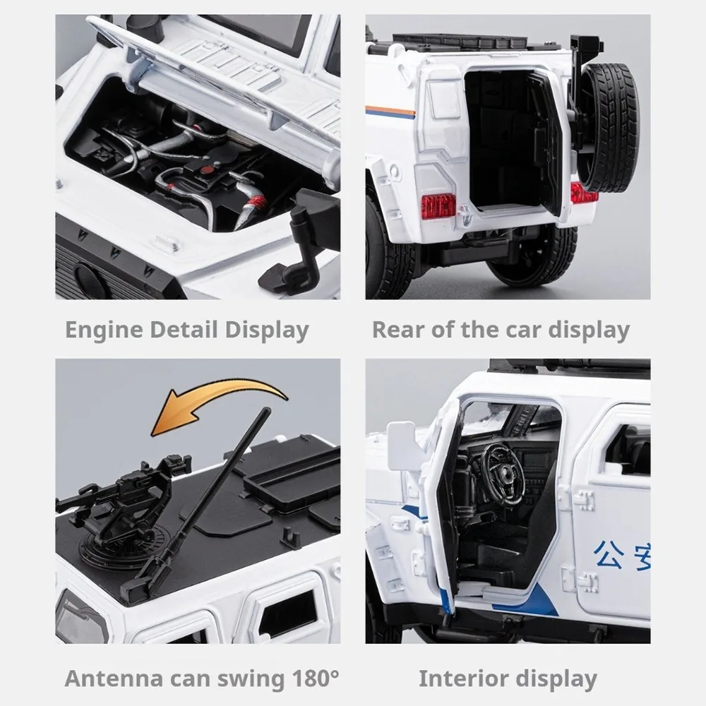 1:32 MengShi Sabertooth Armored Police Car Model Toys Metal Diecast Sound Light Doors Opened Pull Back Toy Off-road Vehicles