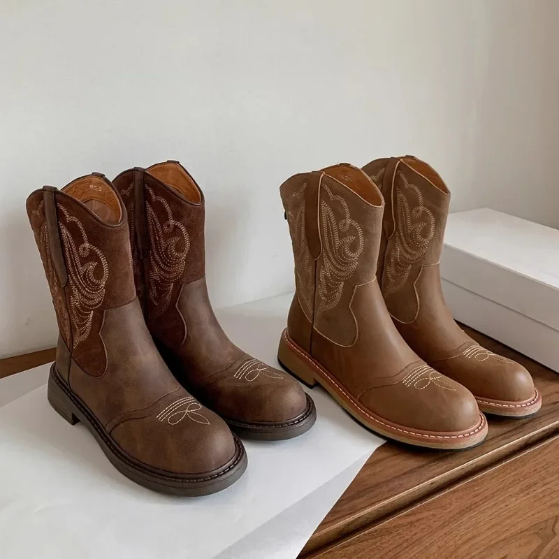 

Fashion Women's Cowboy Boots Slip-on Embroidery Process Vintage Knight Boots Women's Snow Shoes Motorcycle Boots