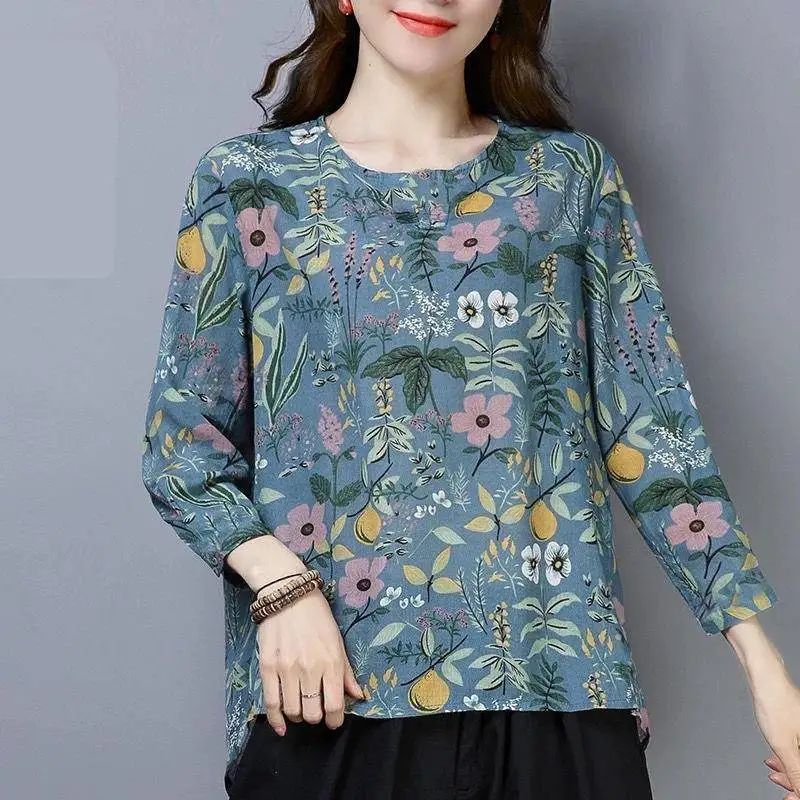 Women's Summer Loose Chiffon V-ne Long T-irt Floral Print Casual Comfortable Breathable Svel Top for Ladies