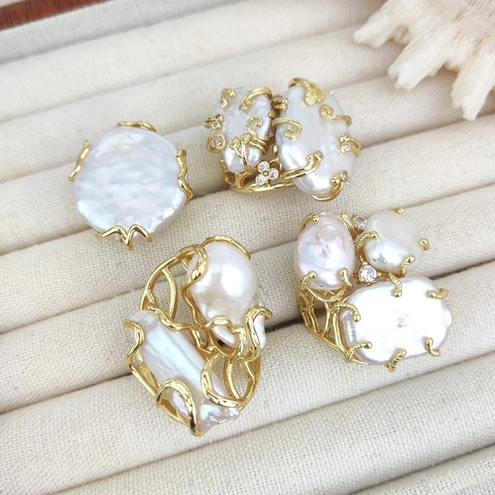 تصميم فاخر غير منتظم لؤلؤة عملة خاتم حفلة موسيقية للنساء قابل للتعديل بيان مطلية بالذهب خواتم إصبع معدنية كبيرة مجوهرات الحفلات #2