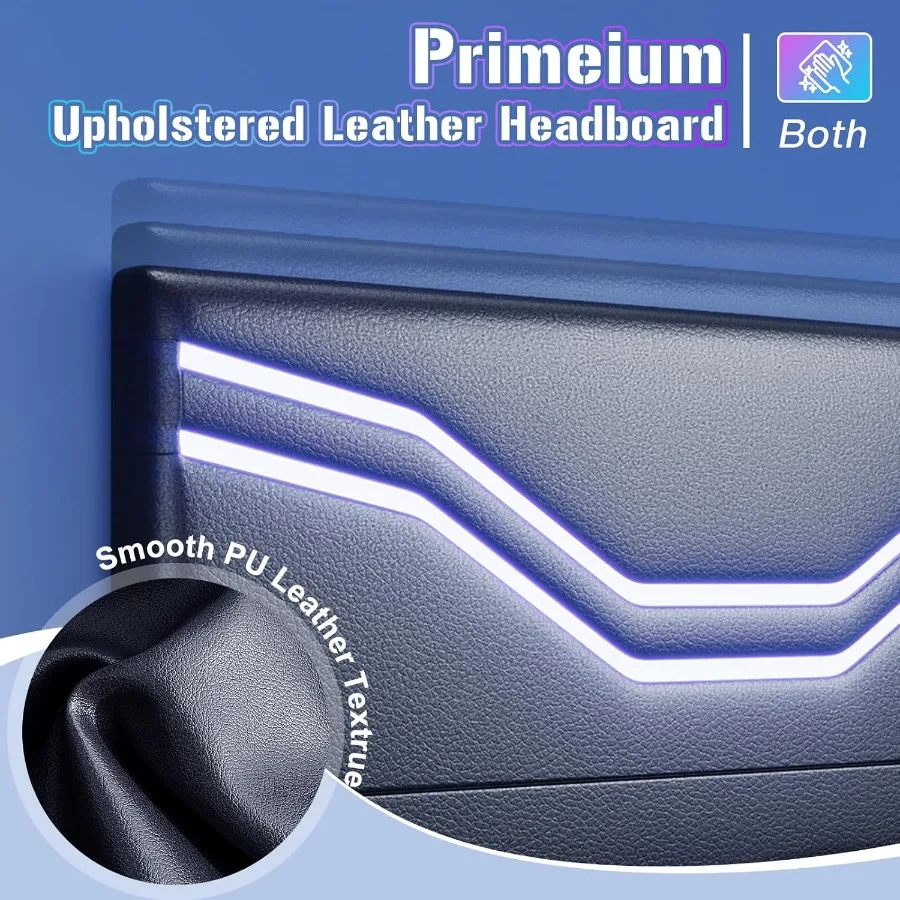 إطار سرير بمنصة بحجم كوين مع أضواء LED و4 أدراج تخزين ولوح رأسي منجد من الجلد بدون صندوق سرير ألعاب زنبركي