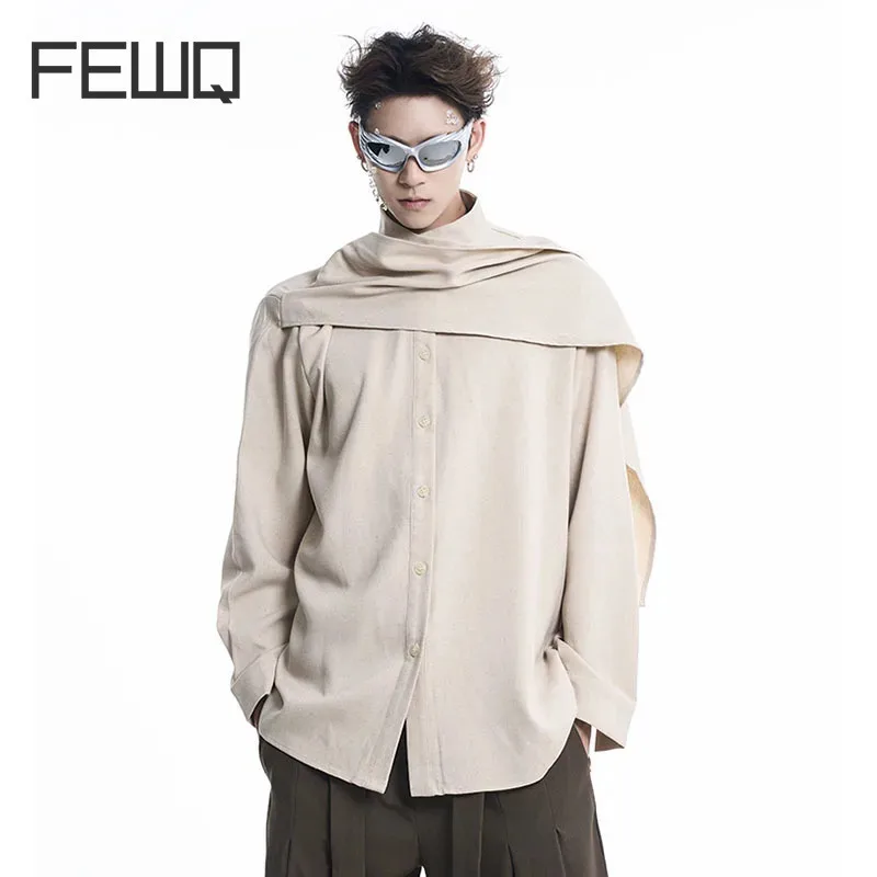 

FEWQ 2024 New Chinese Style Male Shirt Stand Collar Streamer Scarf Design Long Sleeve Single-breasted Vintage Men's Tops 24E2401