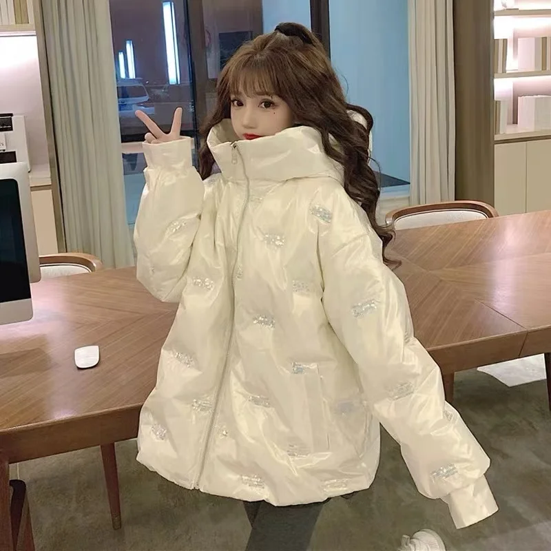 2023 Winter New Stand Collar Cotton Padded Casual Jacket Women Bright Print Hooded Parkas Thick Warm Chic Fashion Coats