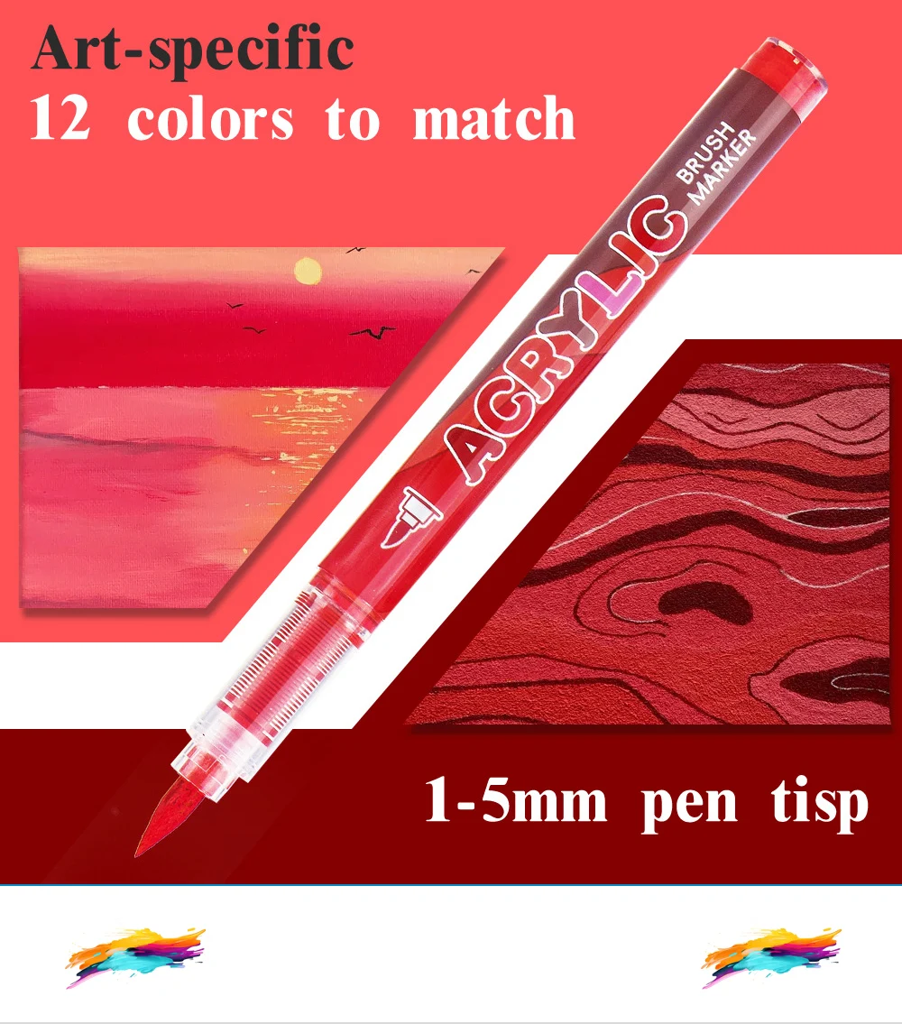 12 Colors Acrylic Markers Red Series Soft Pen Tip for Christmas Painting Comic Drawing Coloring DIY CD Shoes Stone Art Supplies