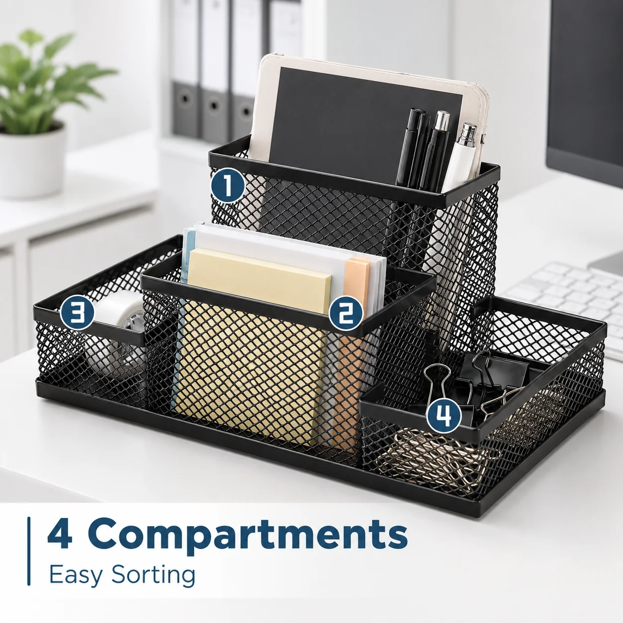 Black Mesh Desk Organizer - 4-Tier Storage with Pencil Holder & Baskets,Office Supplies Organizer for Desktop, Home & School Use