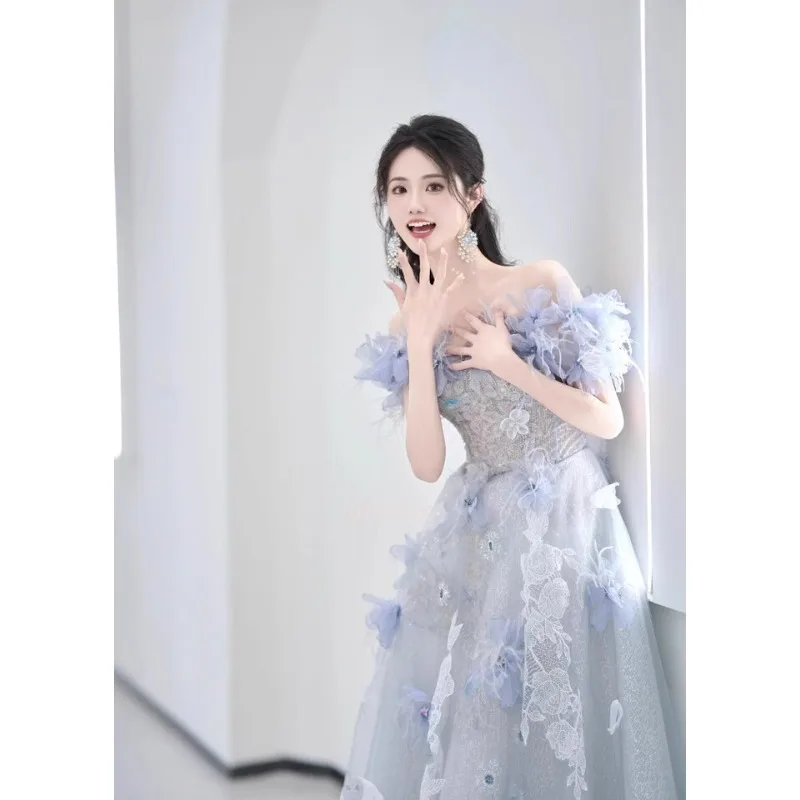 여자 2025 라이트 럭셔리 틈새 웨딩 드레스 블루 오프 어깨 긴 이브닝 드레스 대형 밑단 디자인 프랑스어 댄스 파티 연회 가운