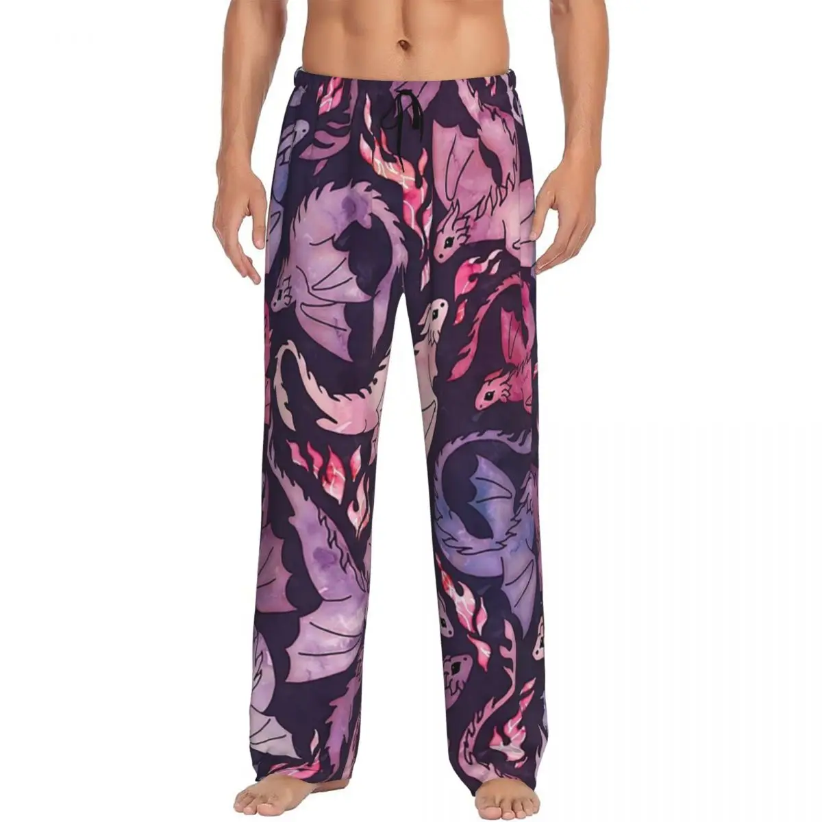 Custom Dragon Fire Dark Pink Purple Pajama Pants Men Sleepwear Sleep Lounge Bottoms with Pockets