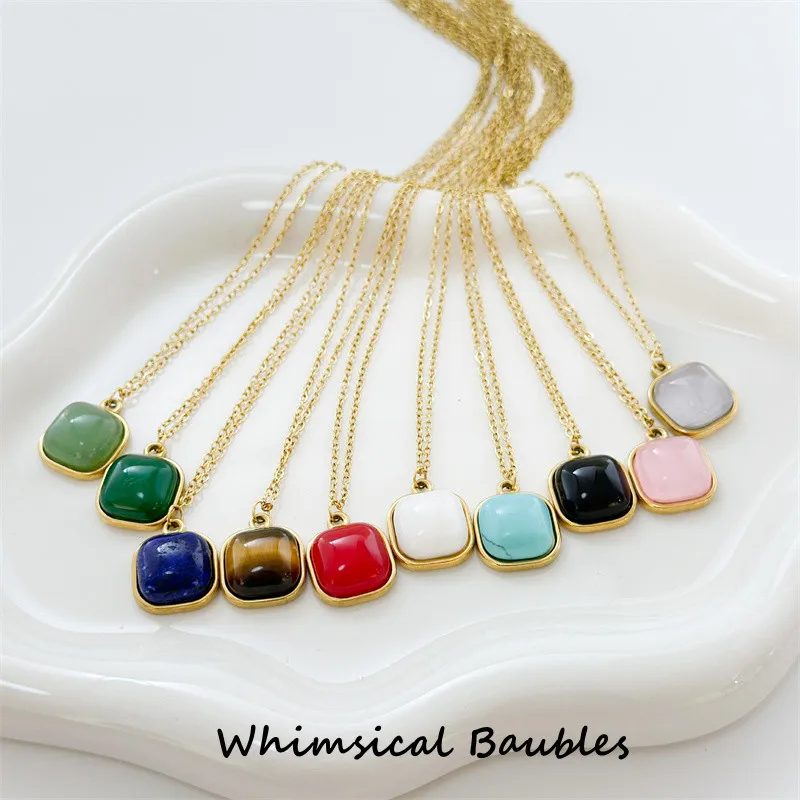 

Natural Stone Square Blue Lapis Turquoise Green Black Pink Agate Pendant 18k Gold Plate Stainless Steel Short Chain Necklace