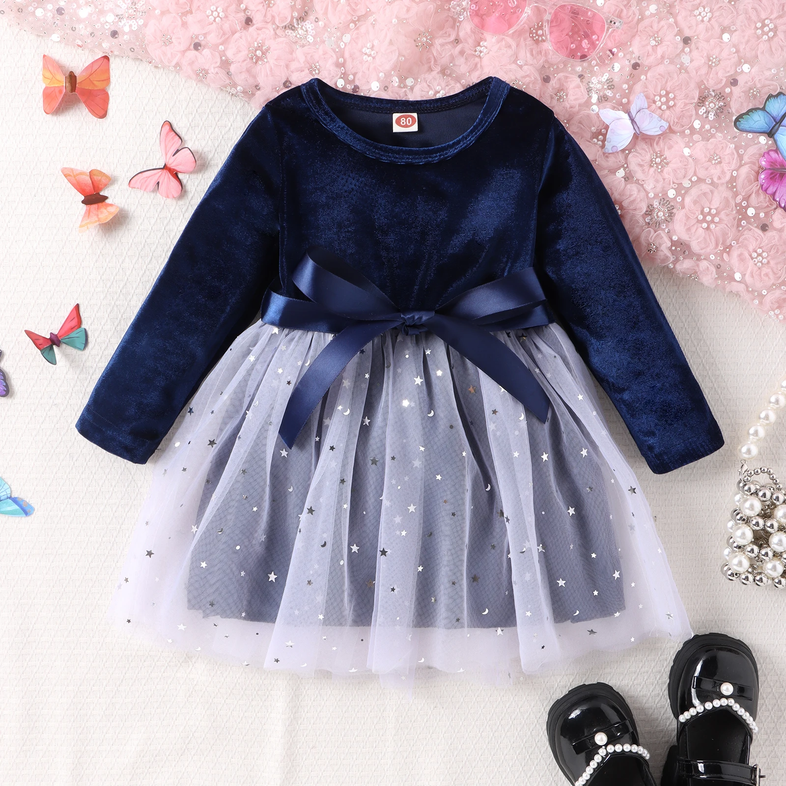 Autumn New Style 1-4-Year-Old Girl Baby Elegant Foreign Style Round Collar Pure Color Gold Velvet Long-Sleeved Mesh Dress