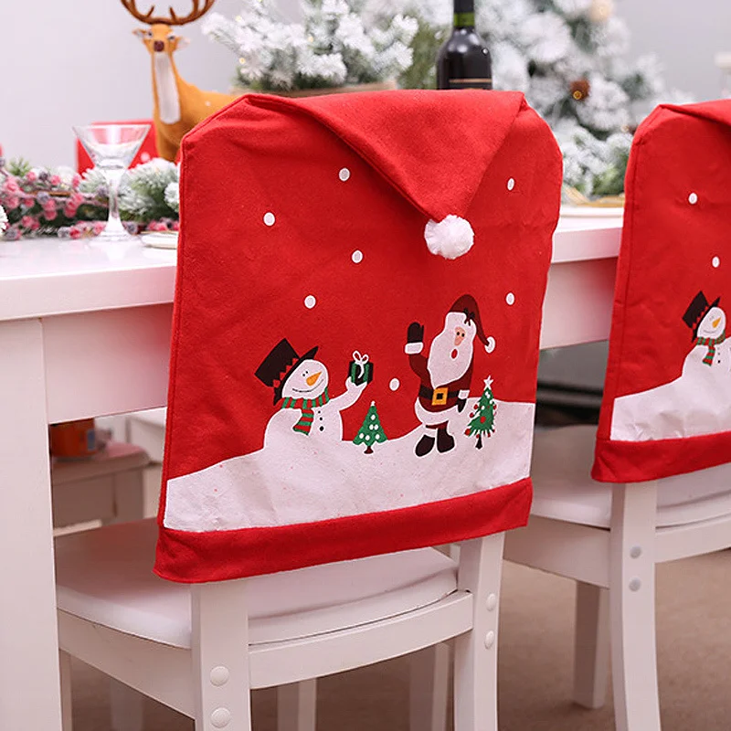 

(1pcs) 60cm*49cm Red Christmas Snowman And Santa Hat Chair Back Cover Xmas Chair Decoration Home Handmade DIY Christmas Decor