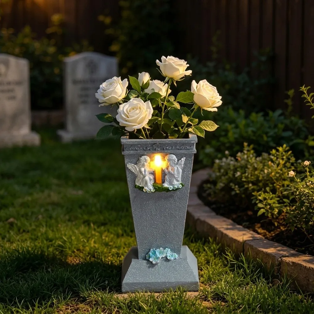 Elegant Resin Memorial Angel Flower Vase Weather‑Resistant Graveside Floral Holder For Cemetery Remembrance Decoration