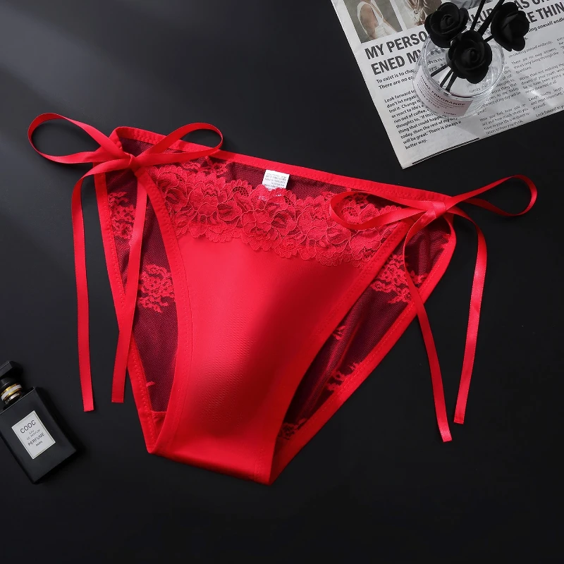 Men Sexy Briefs Side Strap Ice Silk Mesh Lace Bow Panties Sissy Lingerie 3d Bulge Pouch See Through Quick-Dry Underwear