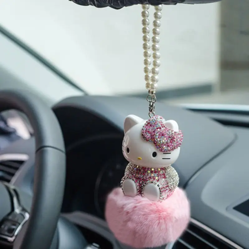 Hello Kitty Car Pendant Decoration Kawaii Plush Cat Pendant Car Rearview Mirror Accessories Gift Car Accessories