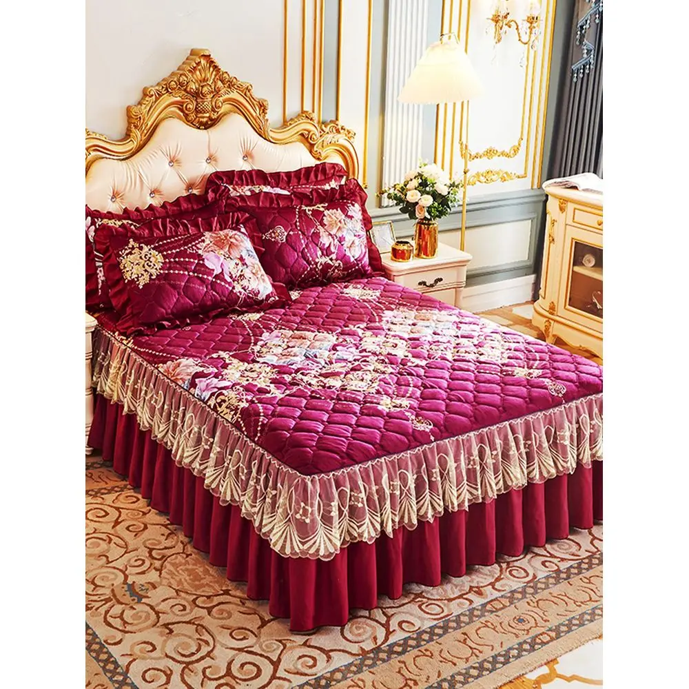 Flower Pattern Ruffle Decor Bed Skirt, Modern Fabric Bedding Bed Skirt For Bedroom