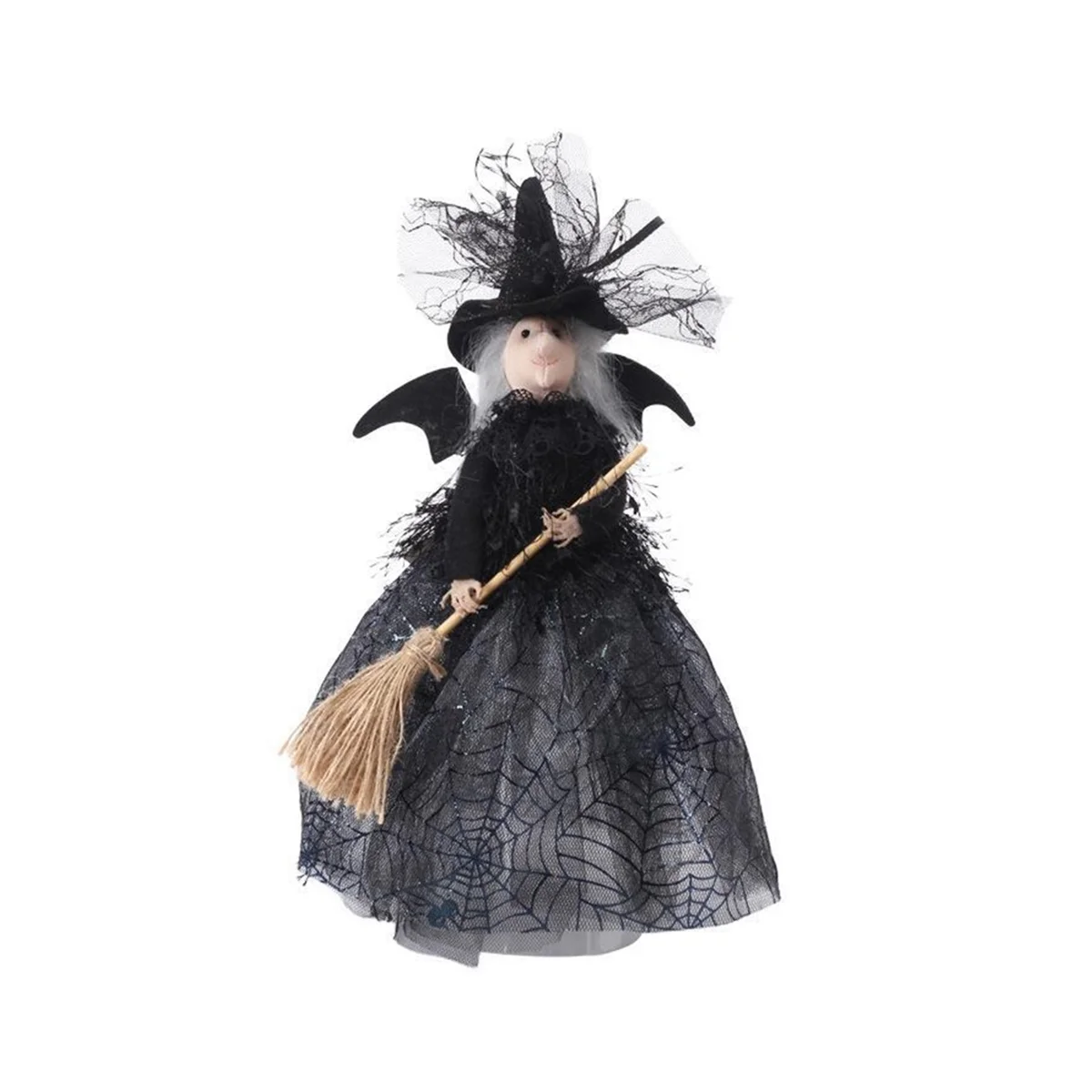 Decoración de bruja de Halloween, muñeca de bruja, velo de Halloween, sombrero y escoba de bruja, negro, 11 pulgadas