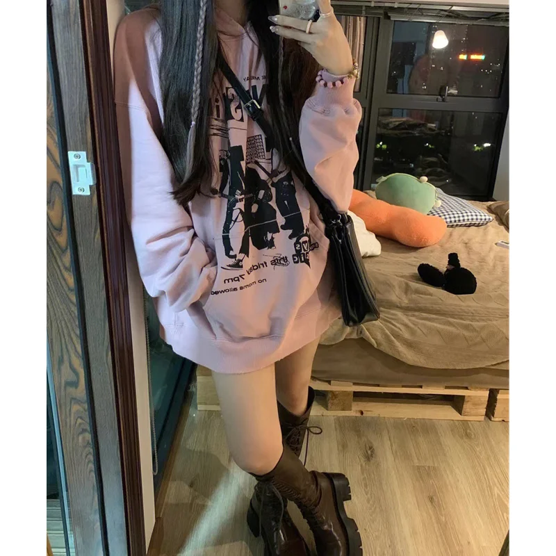 Pink Sweatshirt Women Hooded Letter Print Fashion Hip Hop Oversized Leisure Vintage Lazy Wind Winter Long Sleeves Tops Pullover