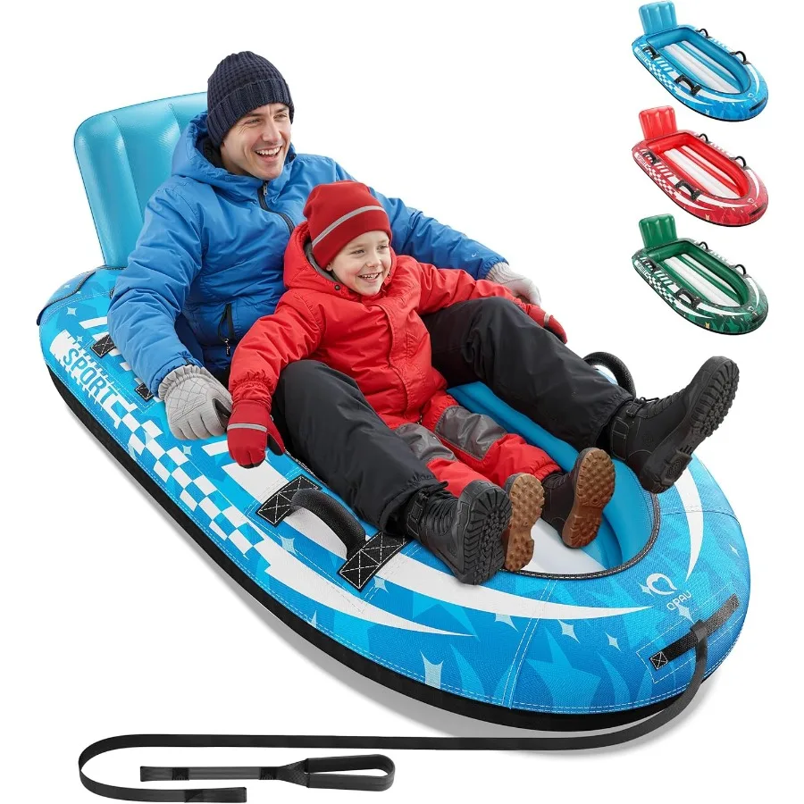 2-Person Inflatable Snow Sled with Premium Canvas Cover, Heavy Duty Sled with Backrest & Reinforced Handles, Snow Tubes for Kids