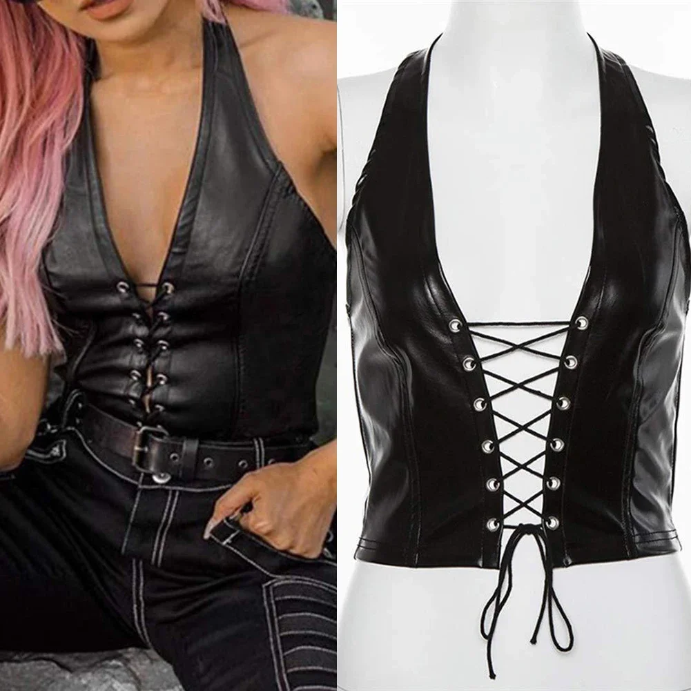 

Women Sexy Lingerie Leather Banadage Punk Tank Tops Ladies Backless Halter Vest Club Party Wear Sleeveless Exotic