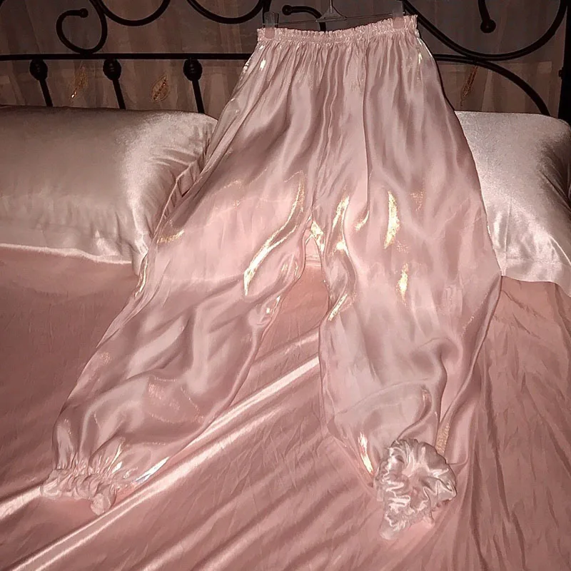 Men High Glossy 2 layers Mesh Gauze Outside Ice Silk Inside Pants Women Soft Silky Plus Size Sleeping Bottoms Lantern Trousers